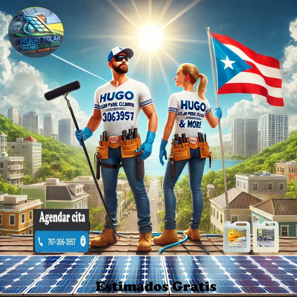 Trabajadores limpiando paneles solares en Puerto Rico de manera profesional y segura